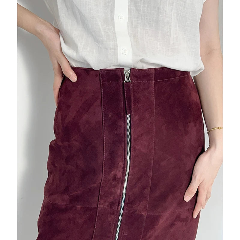 Zipper Split Lambskin Skirt