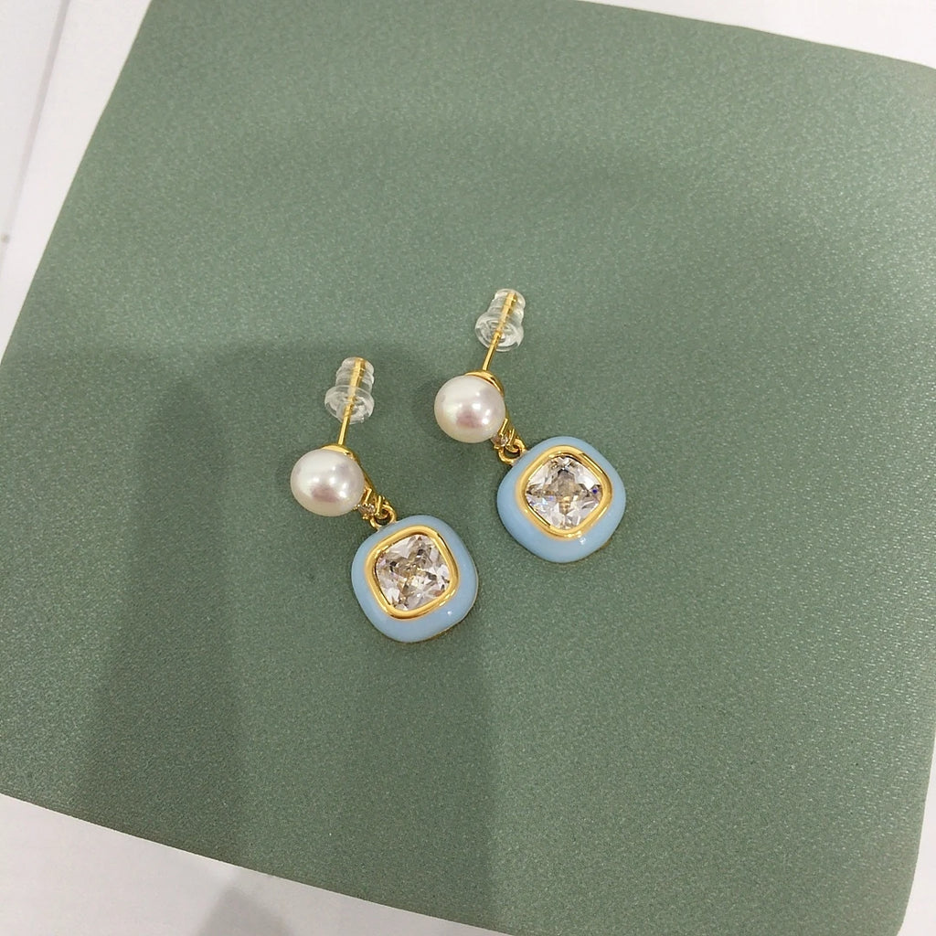 Sugar Blue Zircon and Freshwater Pearl, 14K Gold-Plated S925 Silver earrings