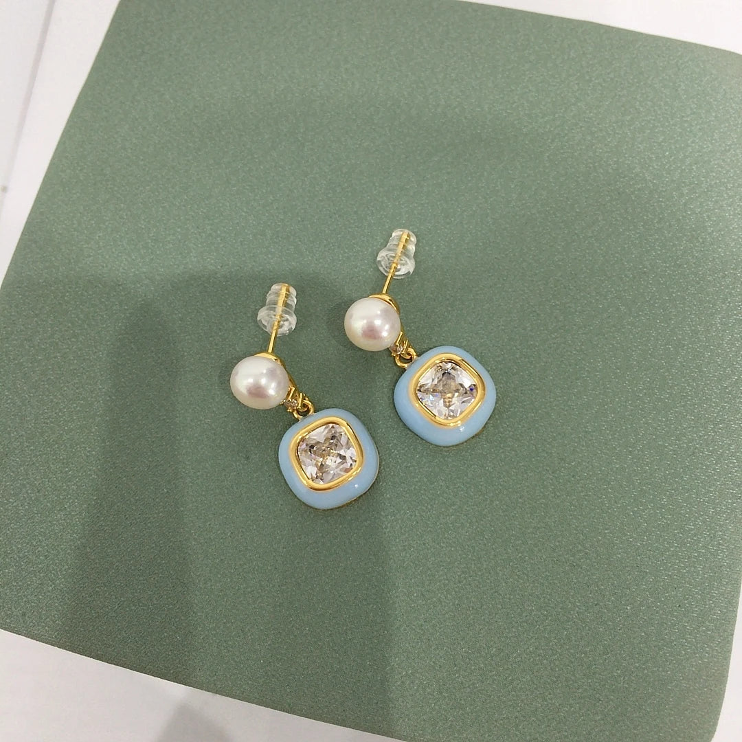 Sugar Blue Zircon and Freshwater Pearl, 14K Gold-Plated S925 Silver earrings