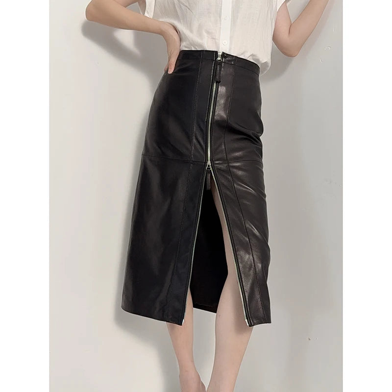 Zipper Split Lambskin Skirt