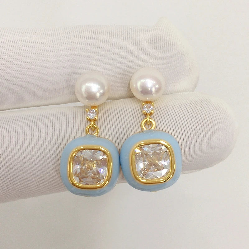 Sugar Blue Zircon and Freshwater Pearl, 14K Gold-Plated S925 Silver earrings