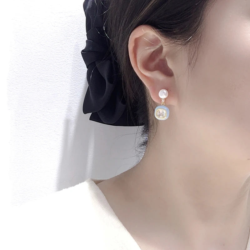 Sugar Blue Zircon and Freshwater Pearl, 14K Gold-Plated S925 Silver earrings