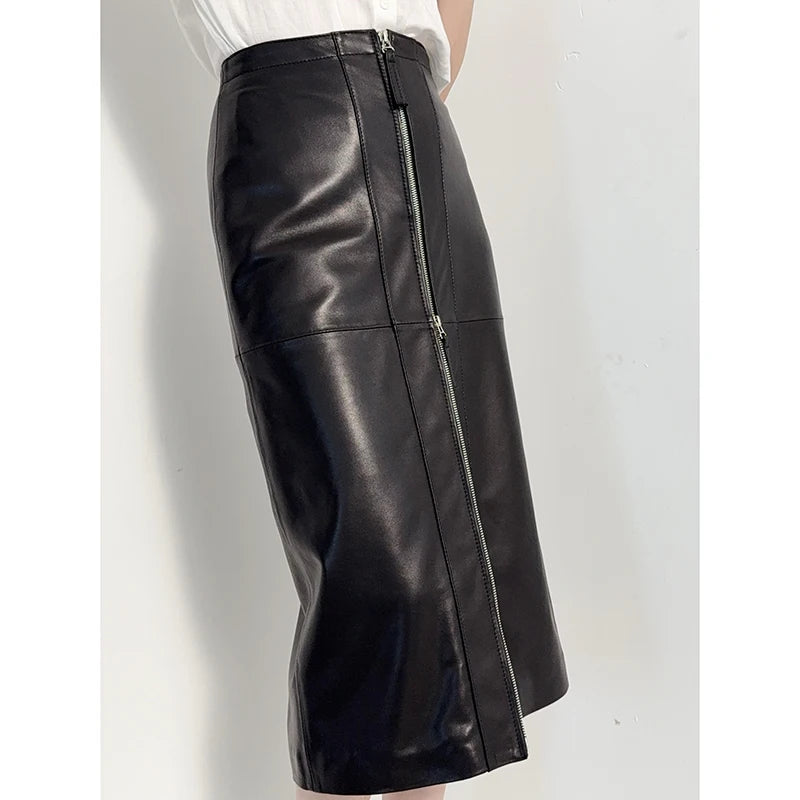 Zipper Split Lambskin Skirt