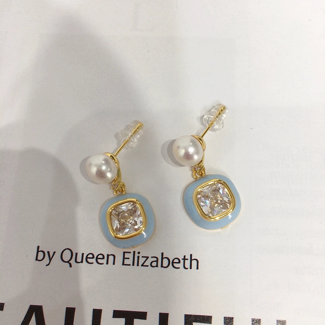 Sugar Blue Zircon and Freshwater Pearl, 14K Gold-Plated S925 Silver earrings
