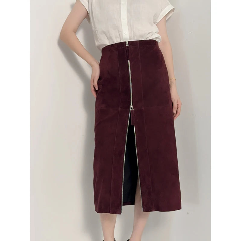 Zipper Split Lambskin Skirt
