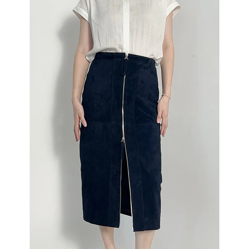 Zipper Split Lambskin Skirt