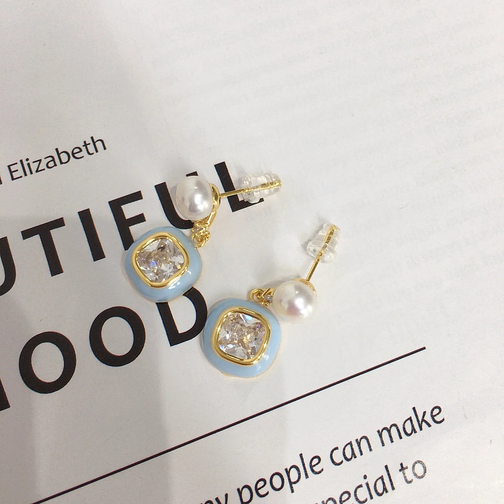 Sugar Blue Zircon and Freshwater Pearl, 14K Gold-Plated S925 Silver earrings