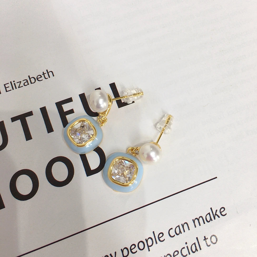 Sugar Blue Zircon and Freshwater Pearl, 14K Gold-Plated S925 Silver earrings