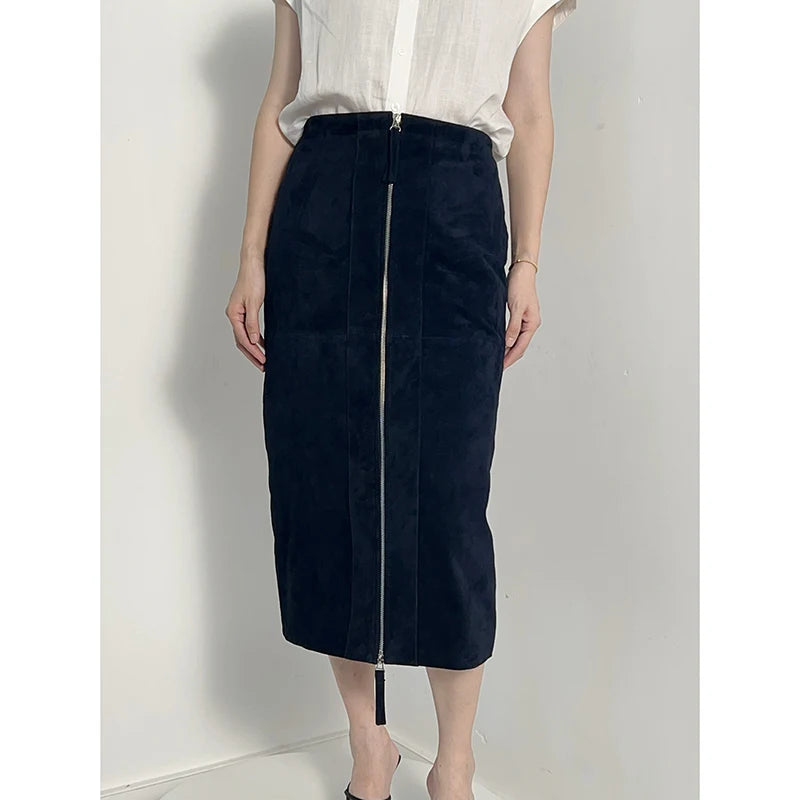 Zipper Split Lambskin Skirt