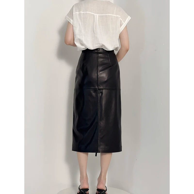 Zipper Split Lambskin Skirt